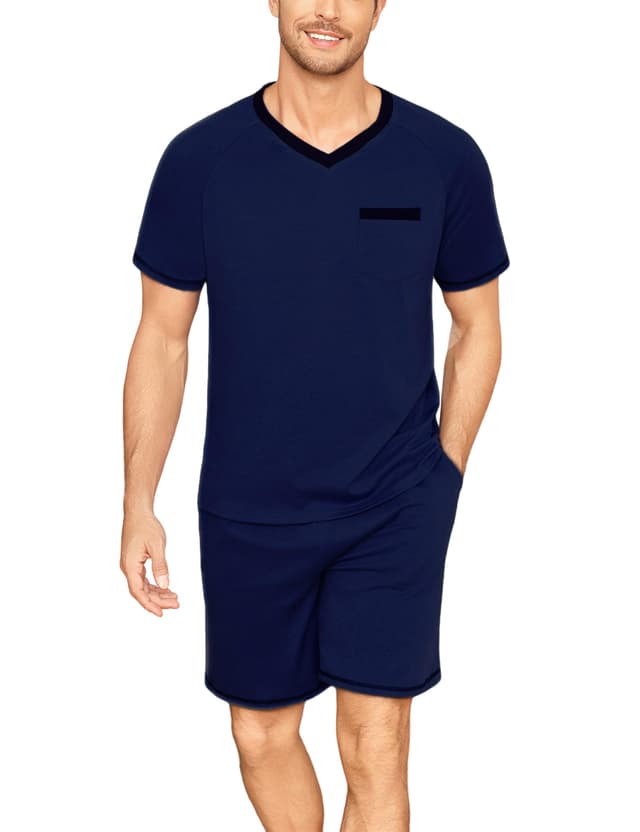 😴🌙 Litherday Schlafanzug Herren Kurz Baumwolle Shorty Pyjama Set Sommer V-Ausschnitt Kurzarm Zweiteiliger Nachtwäsche Marineblau XXL