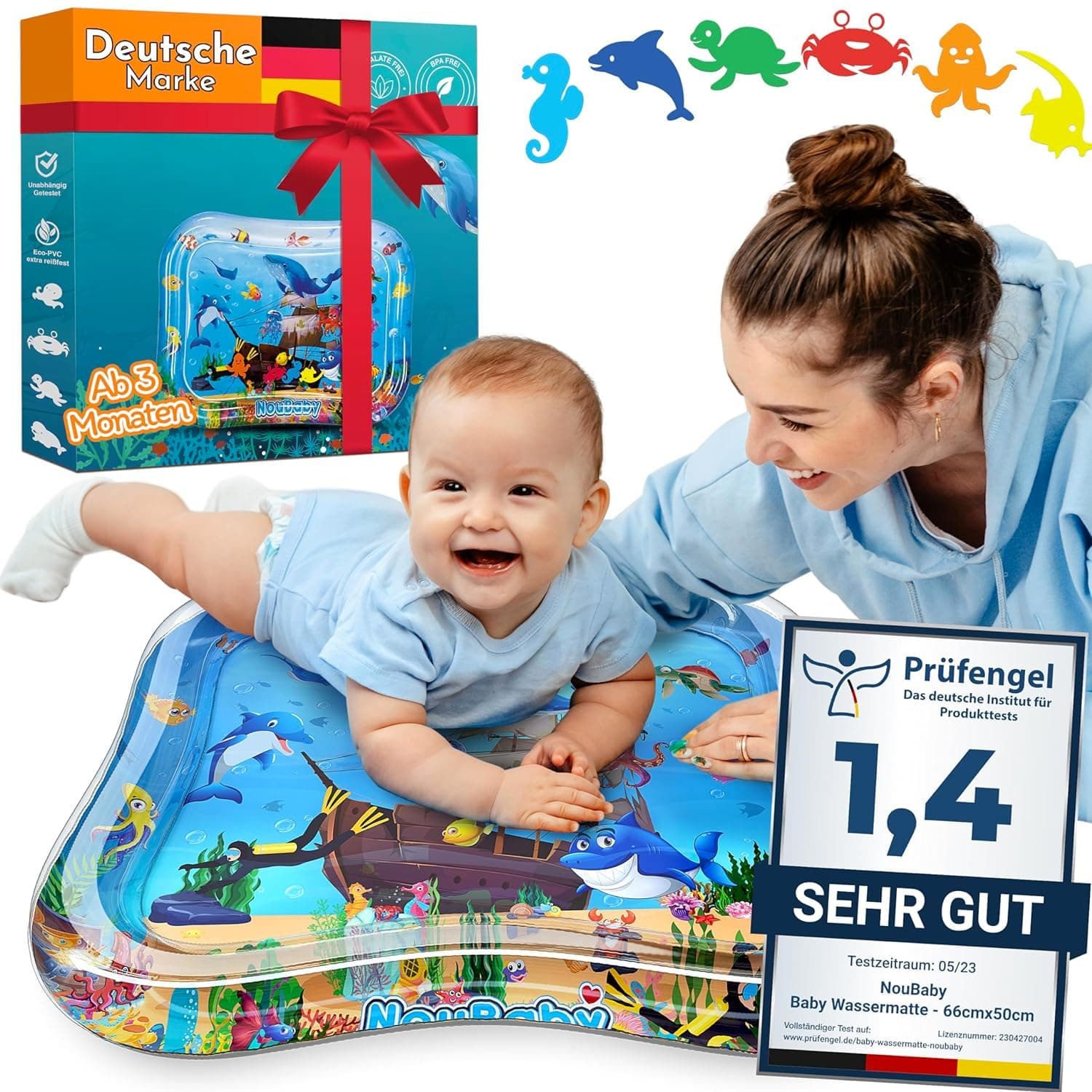 NouBaby® Wassermatte Baby BPA Frei Groß 65x50 CM 🐬 Spielmatte Wasser Baby 🎁