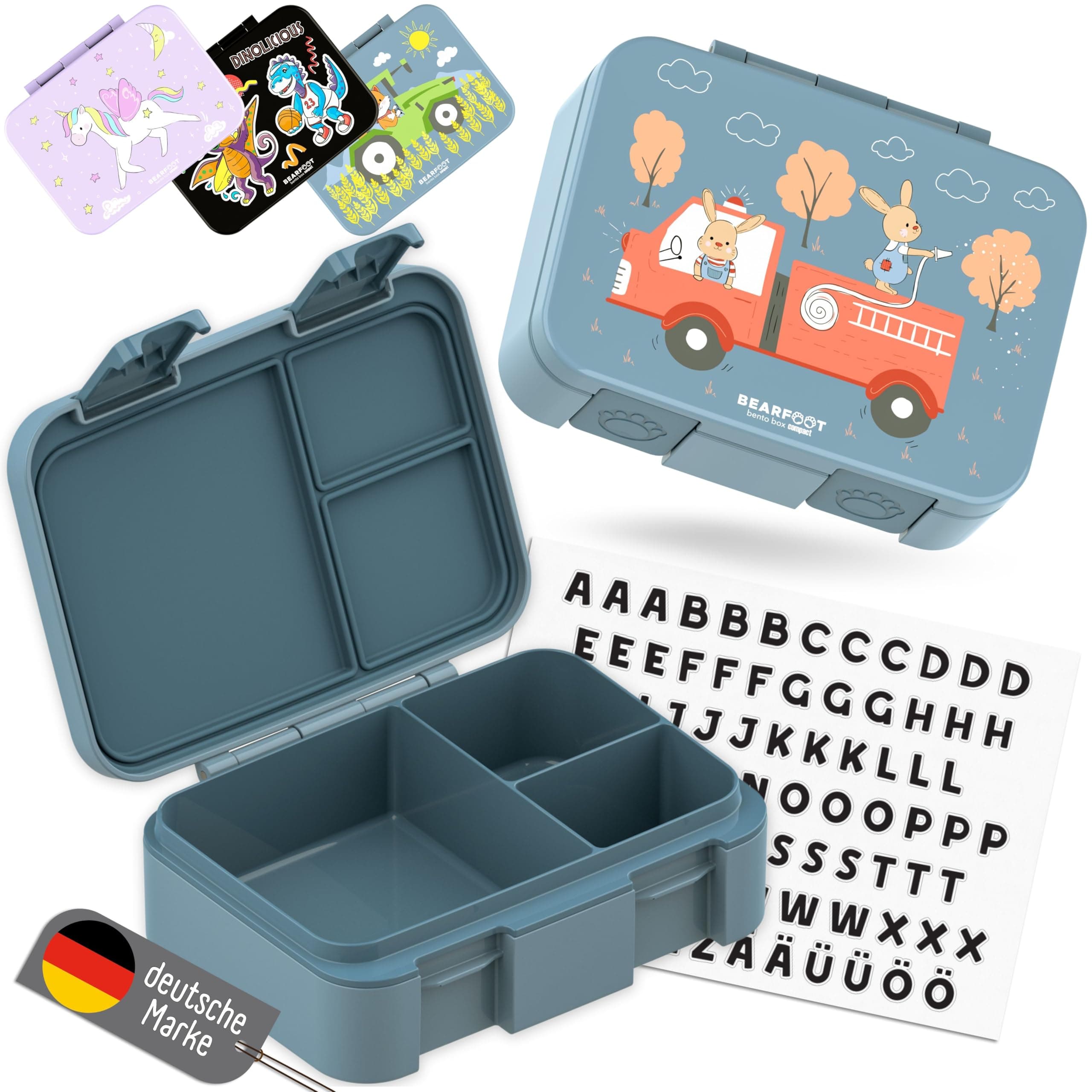 BEARFOOT Bento Box COMPACT | Brotdose Kinder mit Fächern Mädchen & Jungen (BPA-frei) | Für Schule & Kindergarten | Brotdose Kinder auslaufsicher | Leicht & kompakt (Feuerwehr-blau, 650ml)