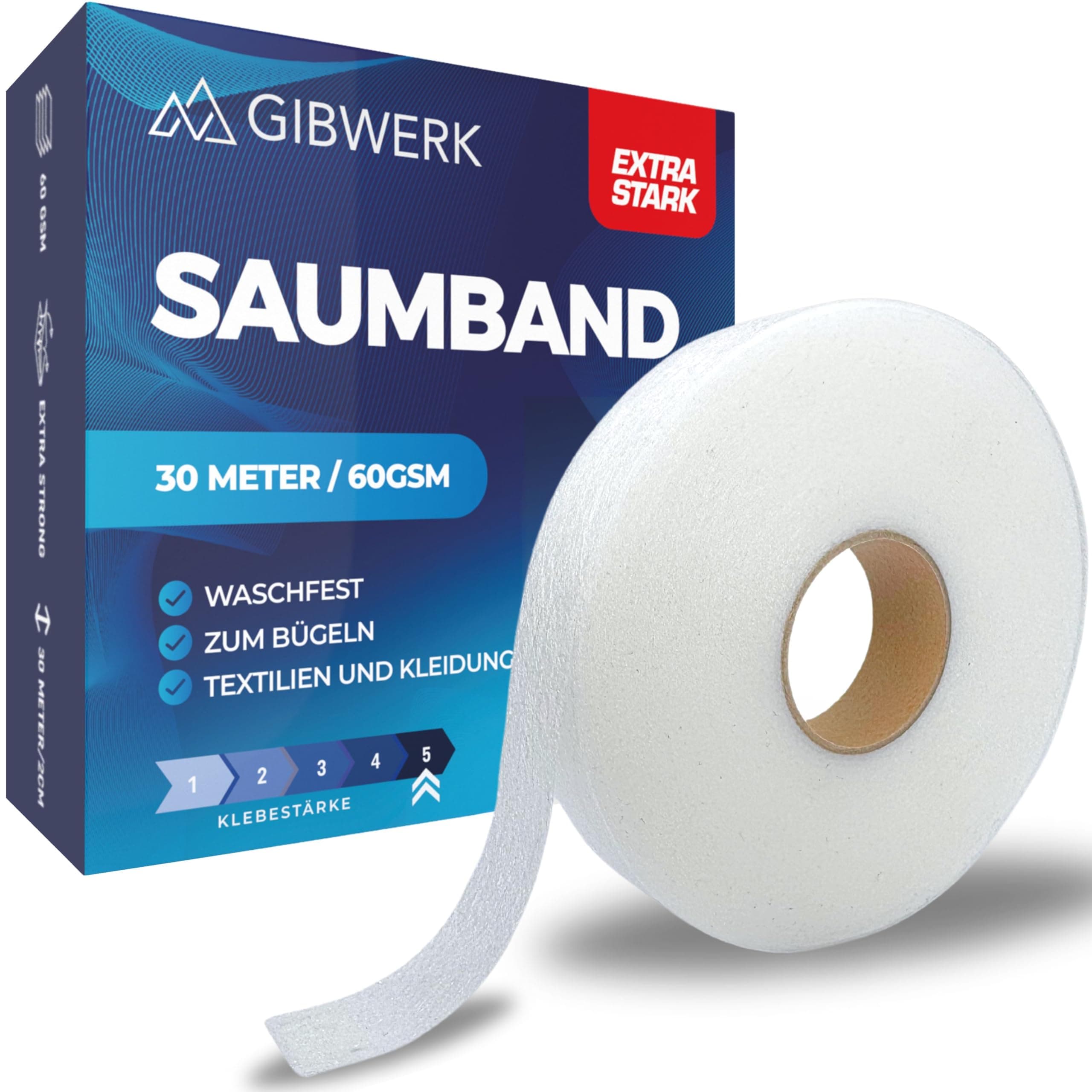 GIBWERK Saumband zum Aufbügeln Waschfest | 60 GSM | Extra Stark | 30 Meter x 20 mm