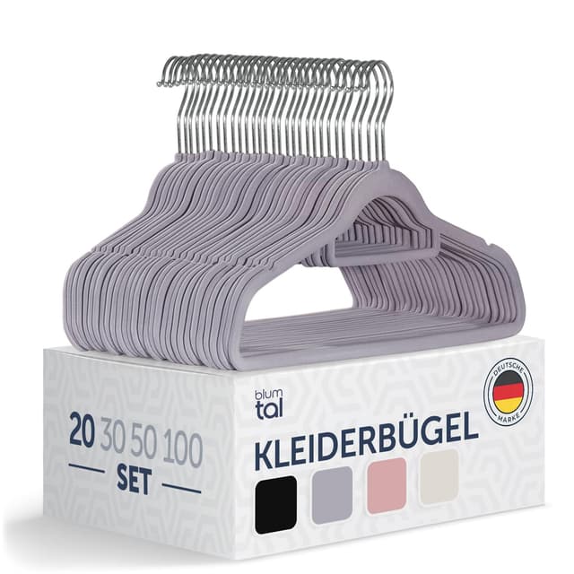 Blumtal Kleiderbügel 20 Stück - Samtbügel Grau - Platzsparend und Rutschfest 🌟