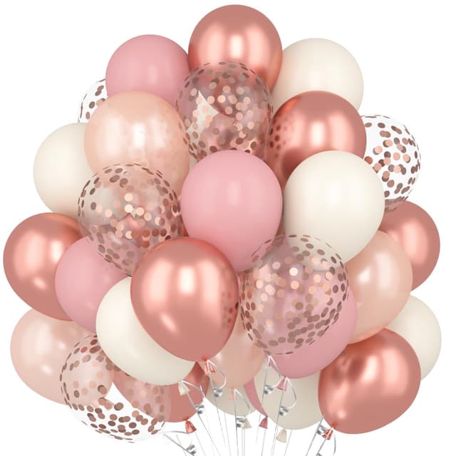 60 Stück Luftballons in Rosegold, Altrosa, Pink, Retro, Elfenbeinweiß - Vintage Rosa Ballon mit Metallic Roségold Konfetti