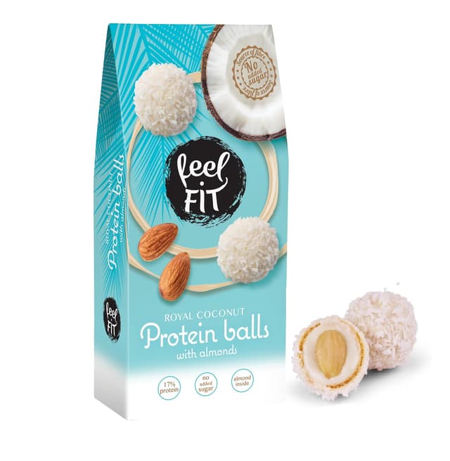 🥥🍫 Feel FIT Protein Kokos-Pralinen mit Mandeln, 6 Packungen á 63 g - Ohne Zuckerzusatz