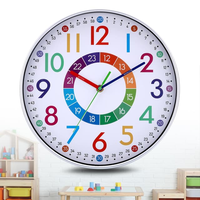 JIZZU Kinder Wanduhr Ohne Tickgeräusche, 30cm Bunt Zahlen Wanduhr