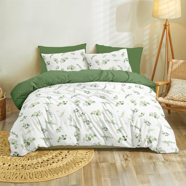 Dreamzie Bettwäsche Set 200x200 cm mit 2 Kissenbezügen 80x80 cm - Botanic-Motiv Salbeigrün