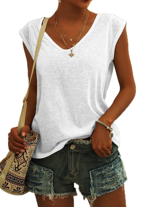 GeGekoko Damen T-Shirt Kurzarm V-Ausschnitt Flügelärmeln Oberteile Blusen Sommer Casual Lose Tank Top Basic Mädchen Tops M Weiß 🌸👚