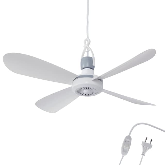 🌀 Bestlivings Mobiler Deckenventilator Weiß (5m XXL Kabel) mit Stecker und Schalter, 220V-240V / 5 Watt, Ø40 cm Decken Ventilator mit Aufhänger 🌀