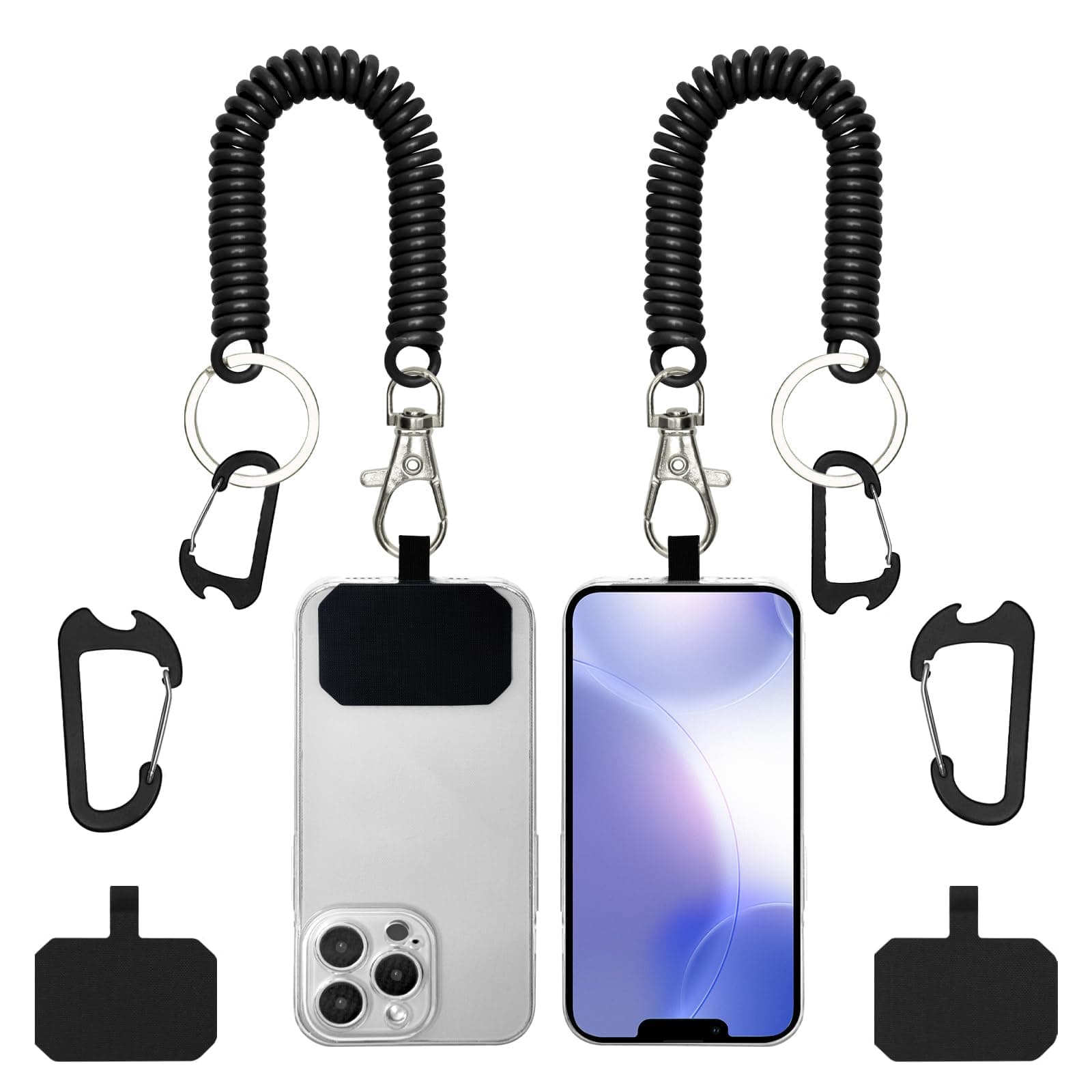 📱🔒 Mezrkuwr 2 Stück Schwarze Federkordelbänder für Mobiltelefone mit Karabiner 📲