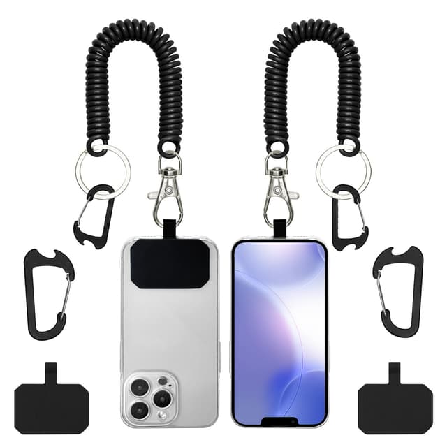 📱🔒 Mezrkuwr 2 Stück Schwarze Federkordelbänder für Mobiltelefone mit Karabiner 📲
