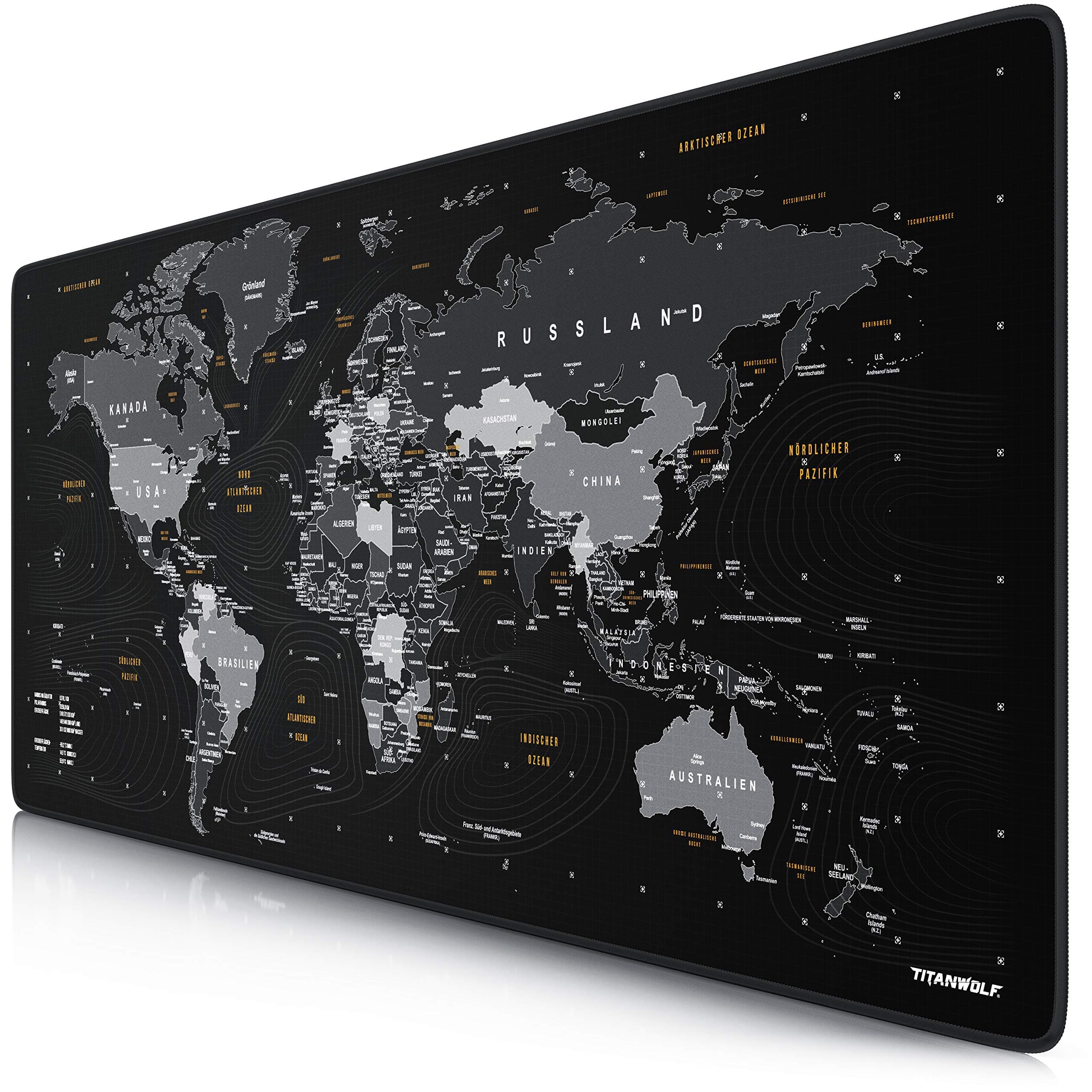 😎 Titanwolf XXL Gaming Mauspad 900x400x3 mm - Weltkarte schwarz
