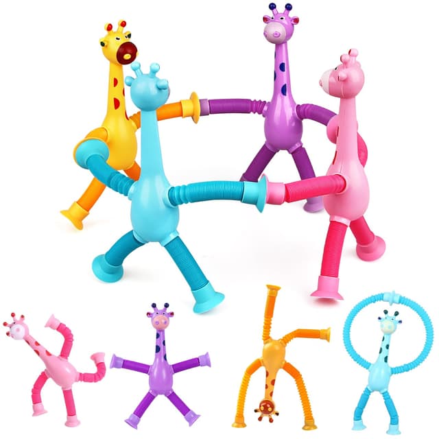 Dawumin Giraffe-Spielzeug, 4 Stück Teleskop Saugnapf Quetschspielzeug 🦒🌈