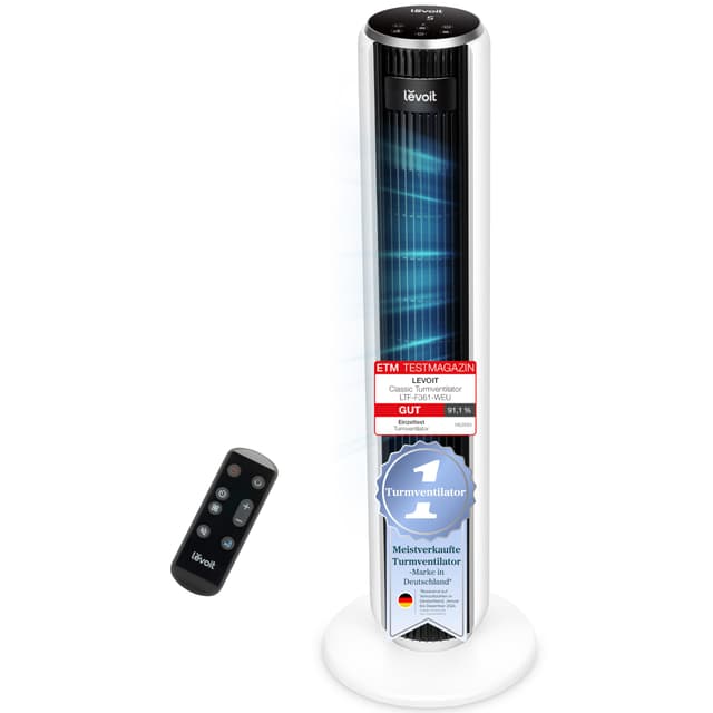 🌀 Levoit-Turmventilator mit Fortschrittlichem Schlafmodus 🌬️ Ventilator leise 12Std Timer 4 Modi 5 Geschwindigkeiten-Automatikbetrieb mit Sensor-Oszillation Tower Fan mit Fernbedienung Weiß 92CM 92CM Weiß