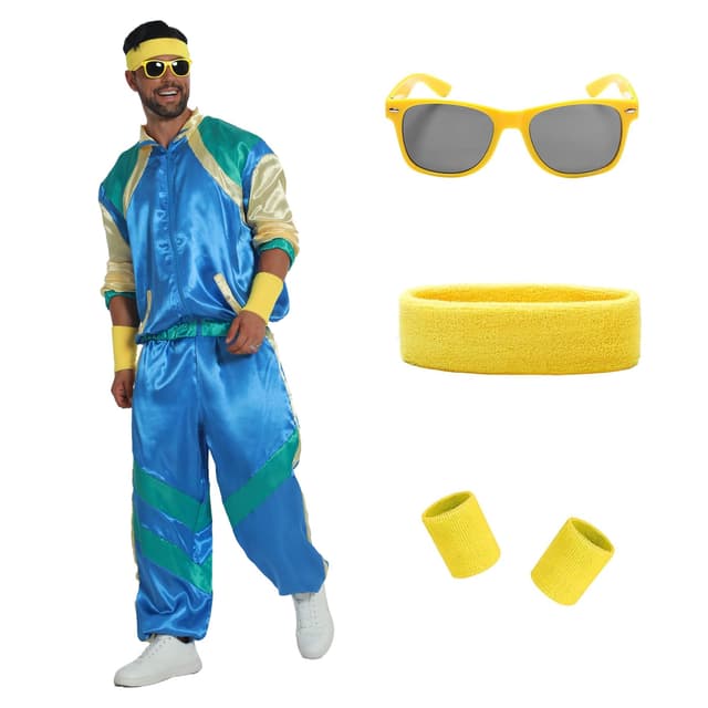 Aibaowedding 80er Jahre Outfit Retro Trainingsanzug für Herren und Damen Bad Taste Kostüme S Blau 🎉🕺