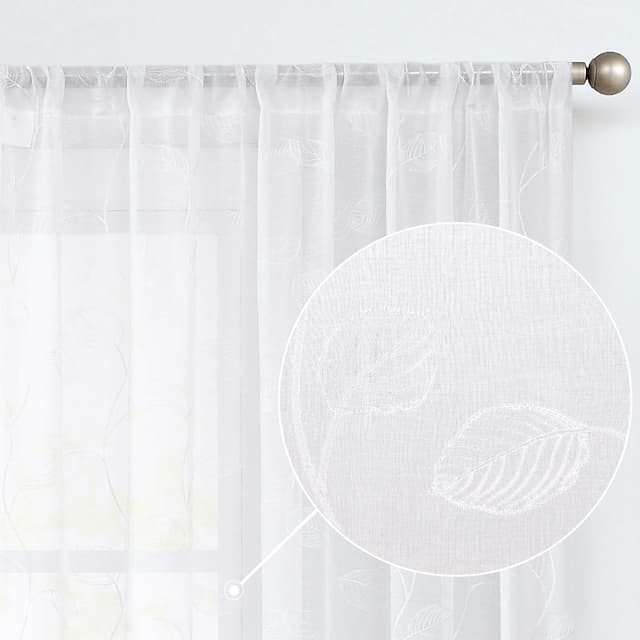 🍃🏡🌿 TOPICK Sheer Vorhang Voile Stangedurchzug Blätter Stickerei Gardine Transparent Weiß Blatt Vorhänge Gaze Paarig