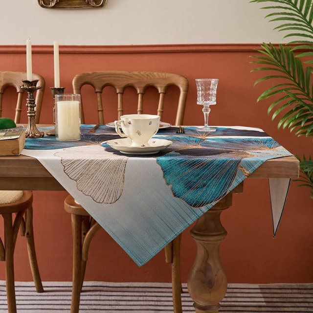 🍁 Kiatuniya Tischdecke Modern Blau Grün Petrol Gold Ginkgo Biloba Herbst 🍂