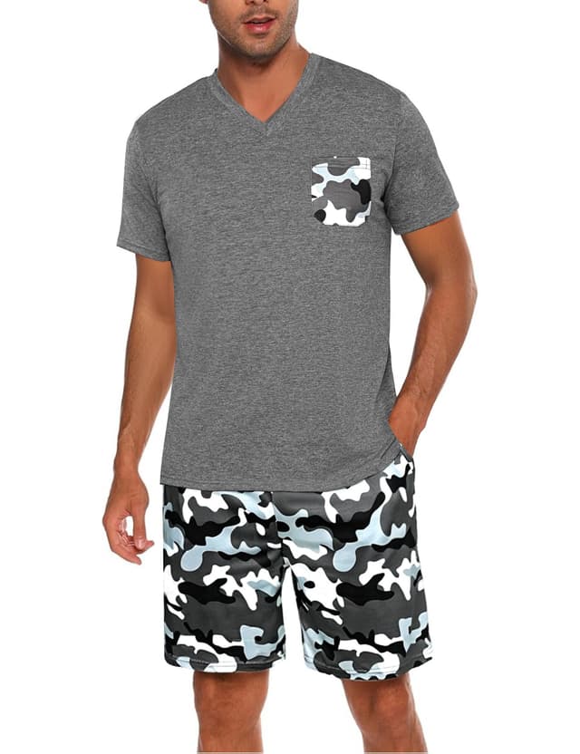 Marvmys Schlafanzug Herren Baumwolle Sommer Pyjama Männer Zweiteilige Kurzarm V-Ausschnitt T-Shirt Mit Brusttasche Und Camouflage Shorts S-3XL Dunkelgrau XL 🌙