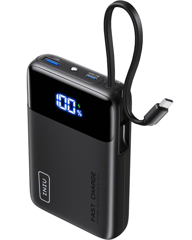 🔋 INIU 45W Power Bank, 20000mAh Schwarz mit Integriertem USB-C Kabel 🔌