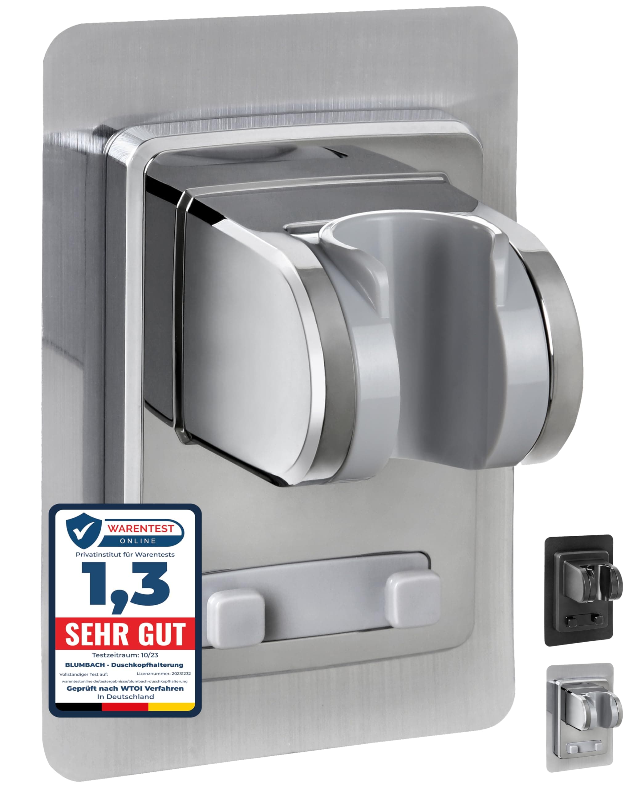BLUMBACH® Duschkopfhalterung ohne Bohren - DAS ORIGINAL - 🚿 Duschhalterung kleben statt Bohren 🛠️ - Neigung verstellbar, chrom - Duschkopf Halterung - Shower head holder
