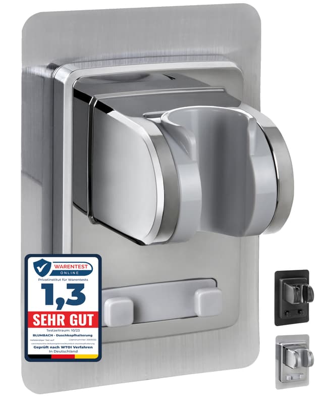 BLUMBACH® Duschkopfhalterung ohne Bohren - DAS ORIGINAL - 🚿 Duschhalterung kleben statt Bohren 🛠️ - Neigung verstellbar, chrom - Duschkopf Halterung - Shower head holder