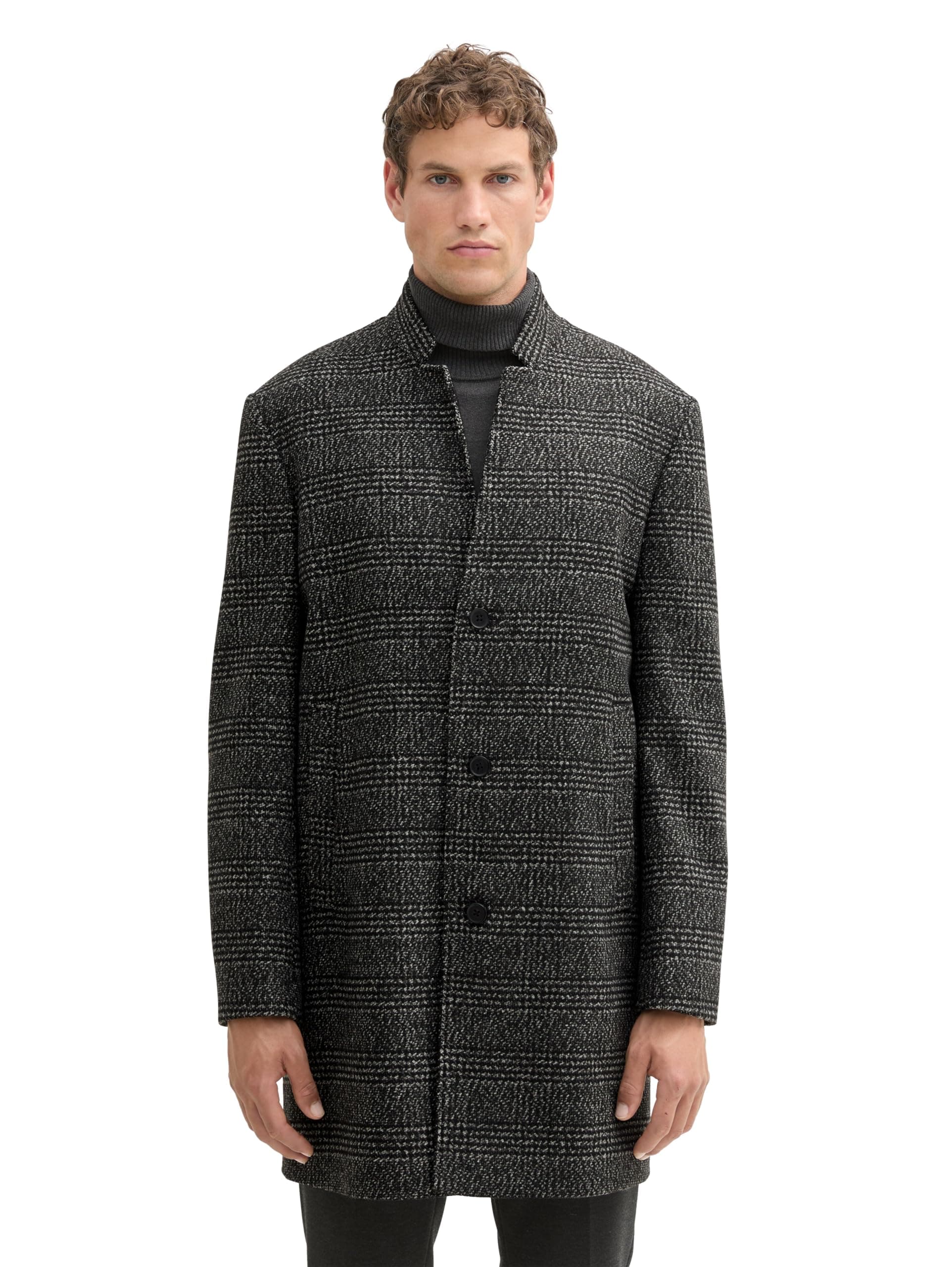 🧥 TOM TAILOR Denim Herren 3-Knopf Wollmantel mit Stehkragen M 35749 - Black Big Glencheck 🧥