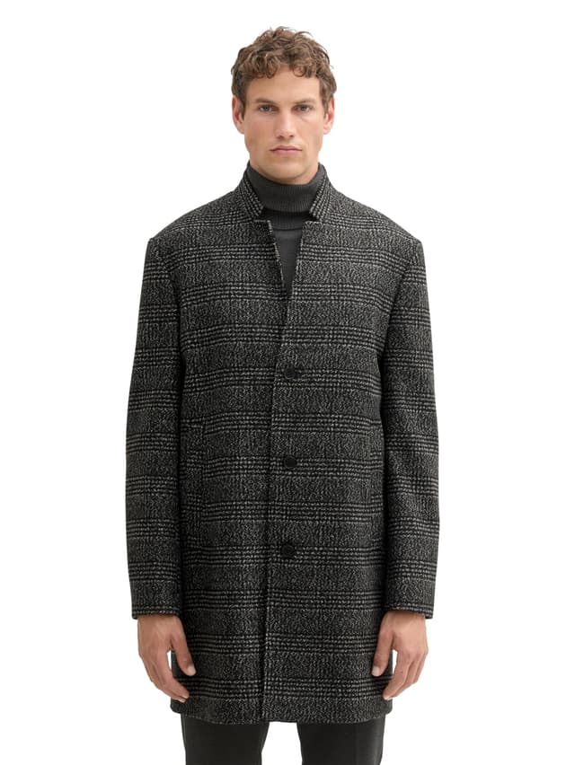 🧥 TOM TAILOR Denim Herren 3-Knopf Wollmantel mit Stehkragen M 35749 - Black Big Glencheck 🧥