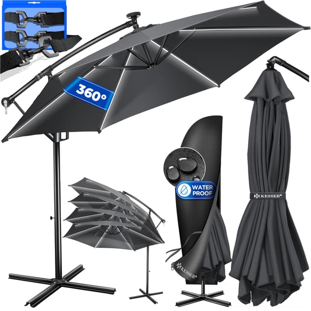 🌞 KESSER® Alu Ampelschirm LED Solar Ø350cm - Garten-Schirm mit LED-Lichtern und Kurbelsystem