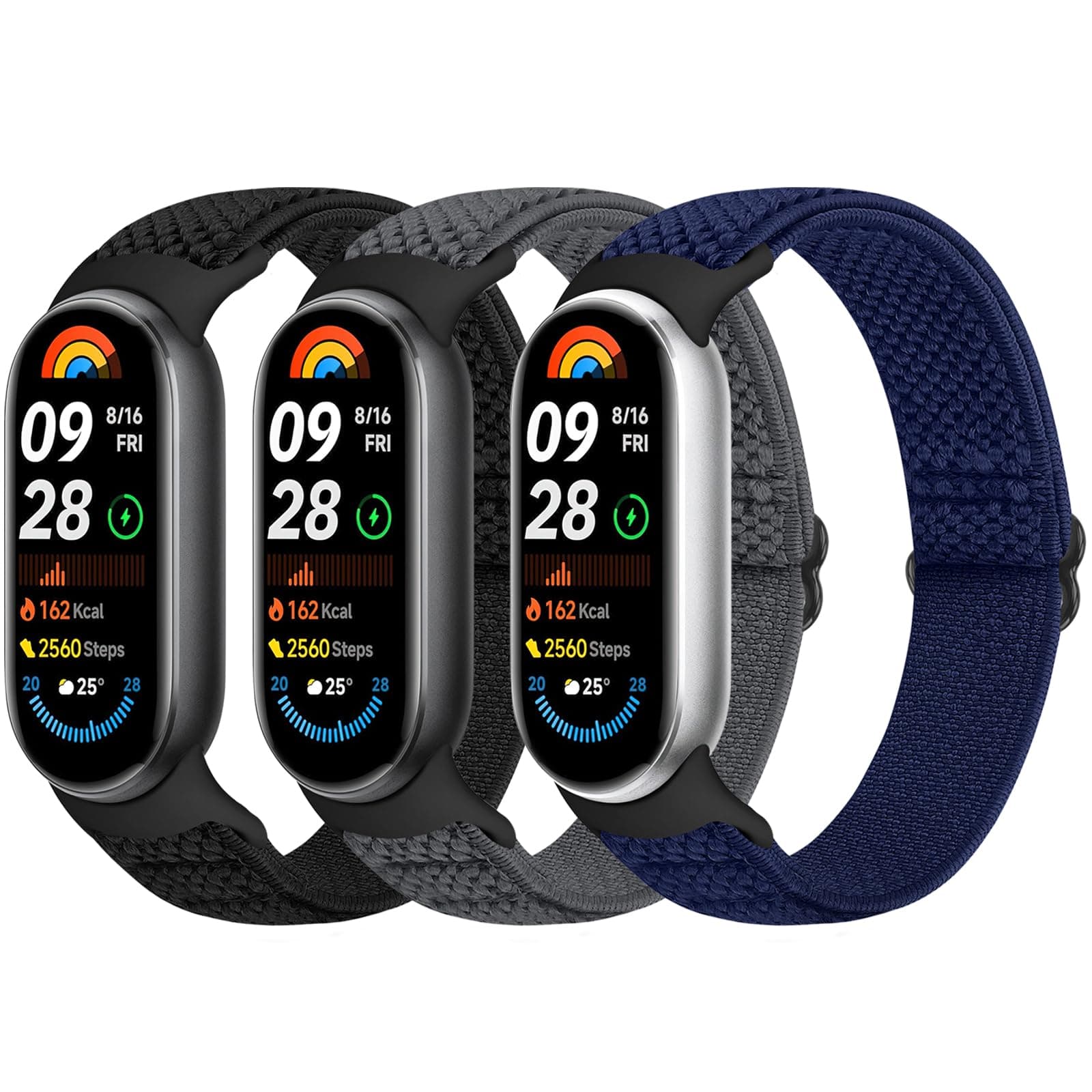 Bcuckood Elastisches Armband für Xiaomi Smart Band 9/8 - 3 Stück Schwarz+Grau+Indigo 😍