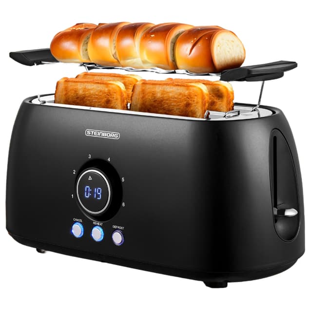 XXL Toaster 4 Scheiben mit Brötchenaufsatz | Toaster Schwarz | Digitales Display | Toastautomat | Automatische Abschaltung | Langschlitztoaster 🍞