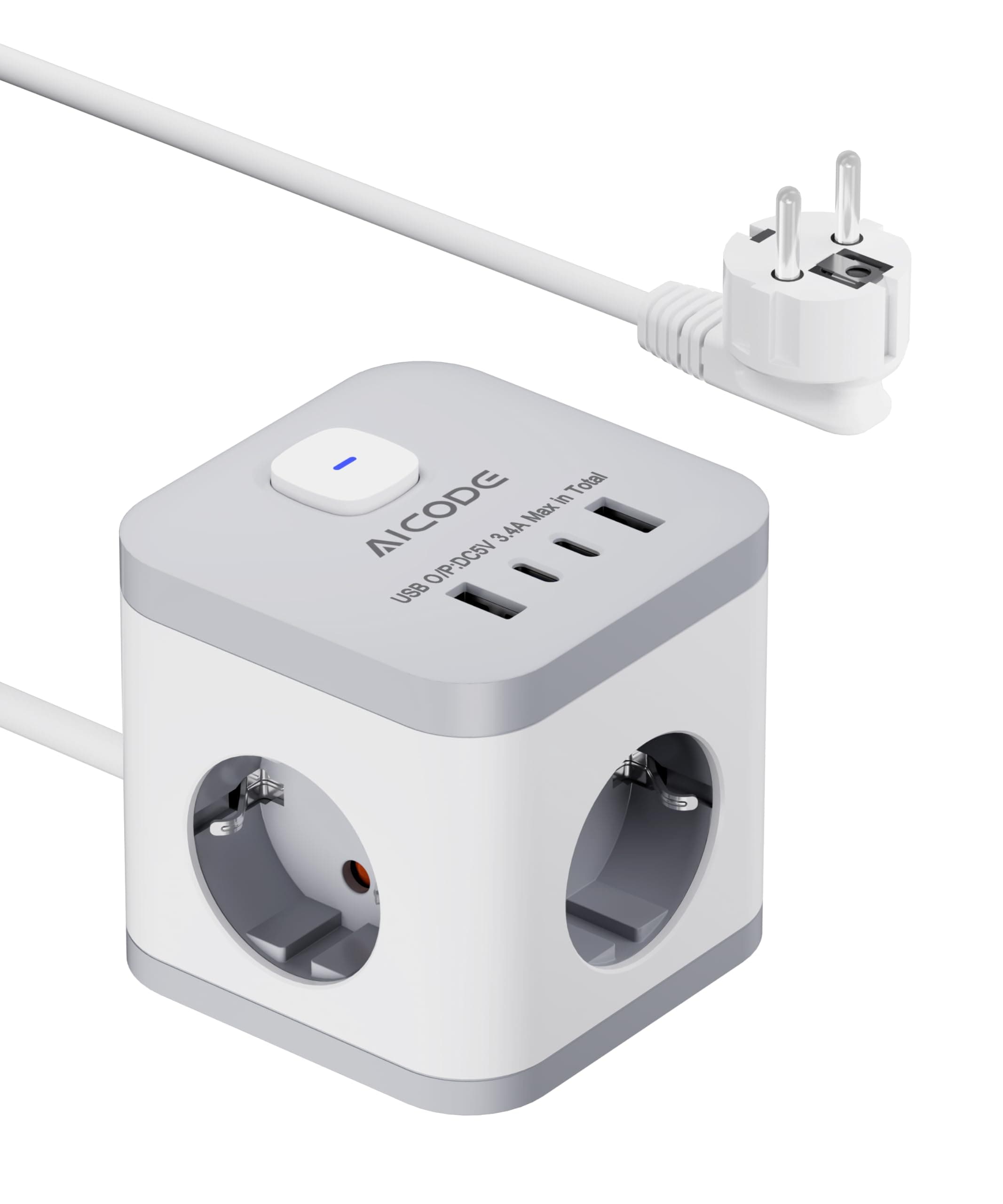 🔌 AICODE Steckdosenwürfel 3-Fach 3680W mit 4 USB (2X USB-C) & Kindersicherung - Steckdosenleiste mit Schalter