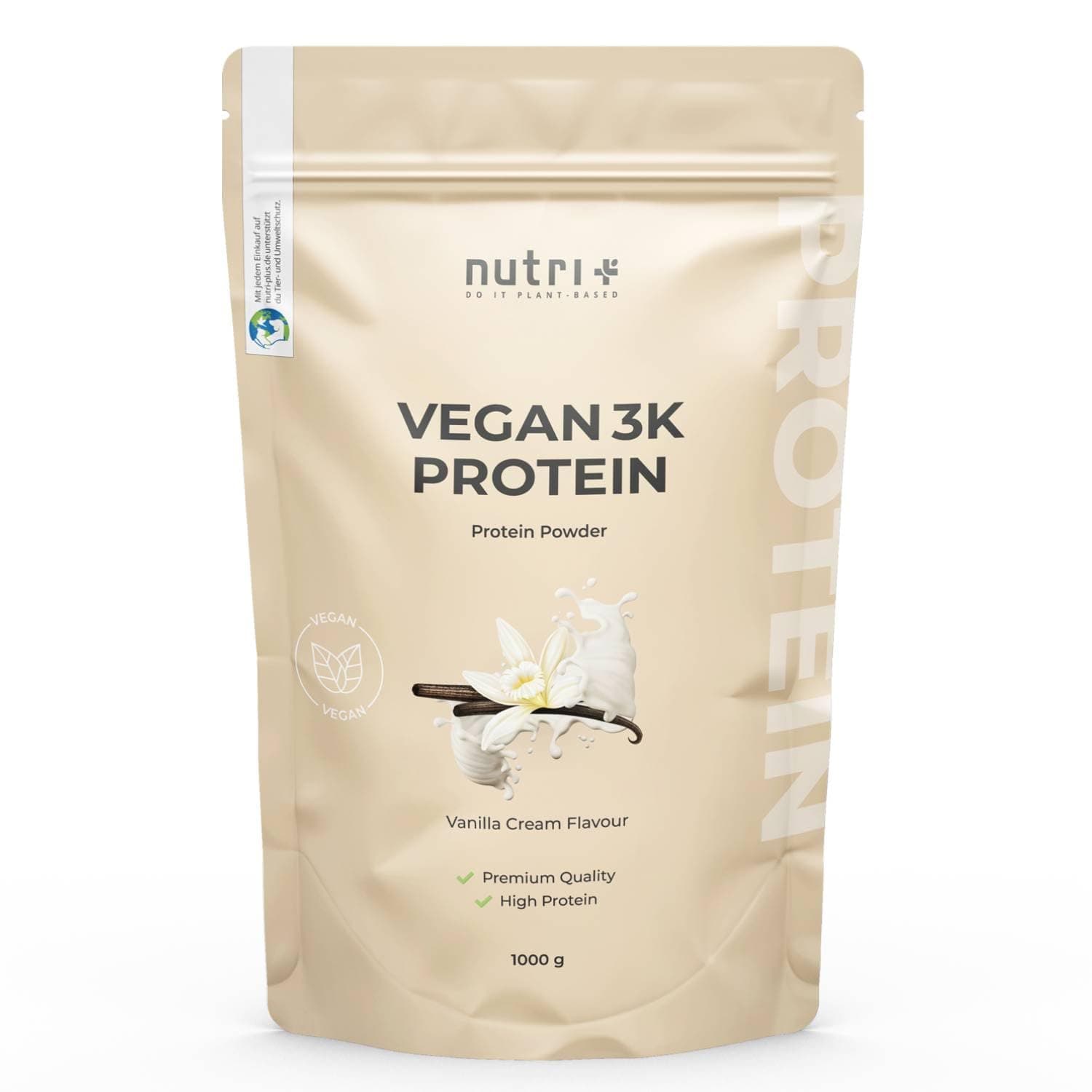 Nutri + Vegan Protein Pulver Vanille 1 kg 81% Eiweiß - 3k Proteinpulver 1000 g - Shake Vanilla Cream Flavor