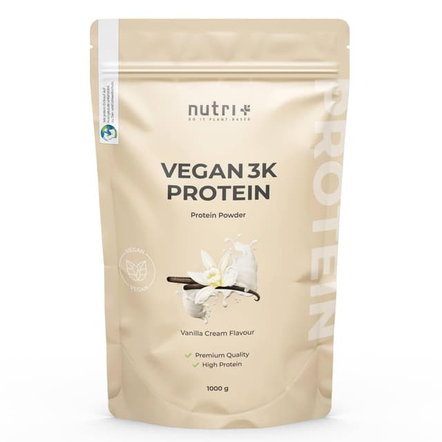 Nutri + Vegan Protein Pulver Vanille 1 kg 81% Eiweiß - 3k Proteinpulver 1000 g - Shake Vanilla Cream Flavor