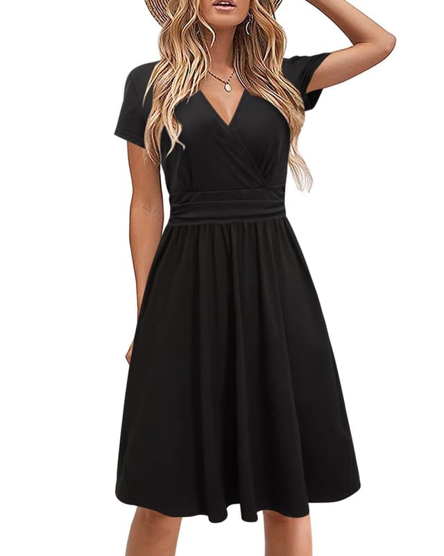 🌸👗 STYLEWORD Damen Sommerkleid Kurzarm V-Ausschnitt Kleider Blumenmuster Kleid Wickelkleid Mit Taschen L Schwarz 🌺