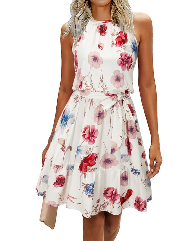 🌸 Neue Sommerkleider Damen Knielang Elegant Kleid Blumenmuster Neckholder Rüschen Freizeitkleider mit Taschen L Floral-4