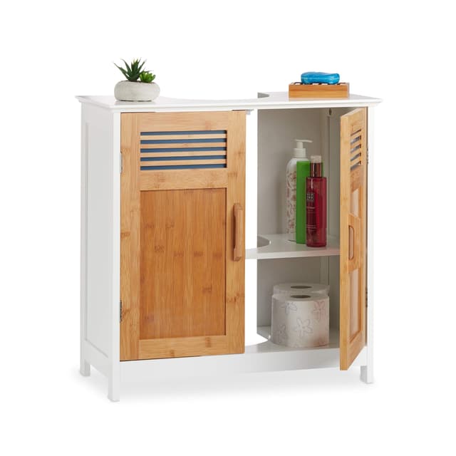 🛁🌿 Badezimmerschrank aus Bambus | Höhenverstellbarer Boden | Siphon-Aussparung | Natur/Weiß