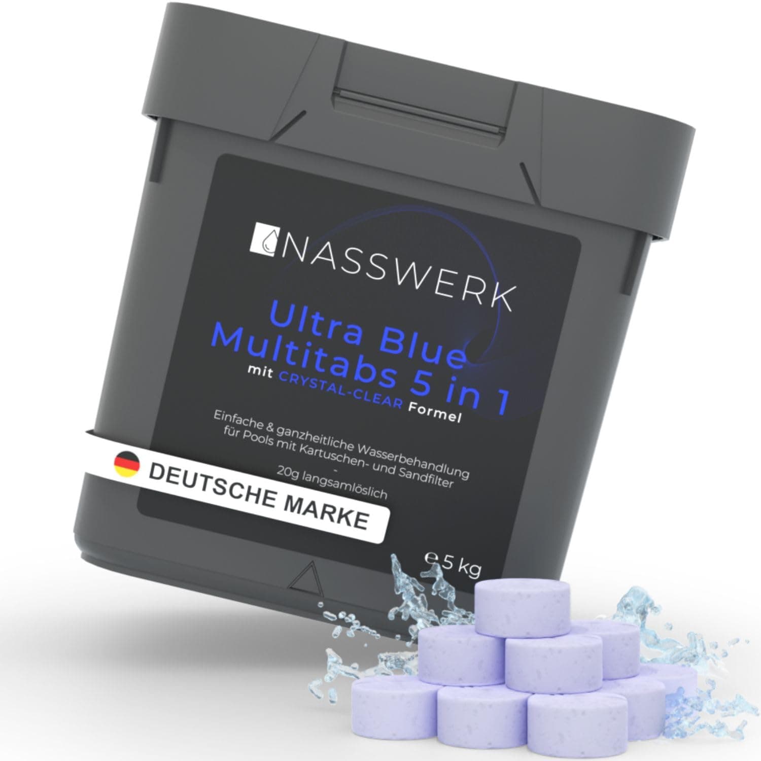 NASSWERK Ultra Blue Multitabs 5 in 1 für Pool (1kg bis 10kg) | 20g Langzeit Chlortabletten für Pool 5 in 1