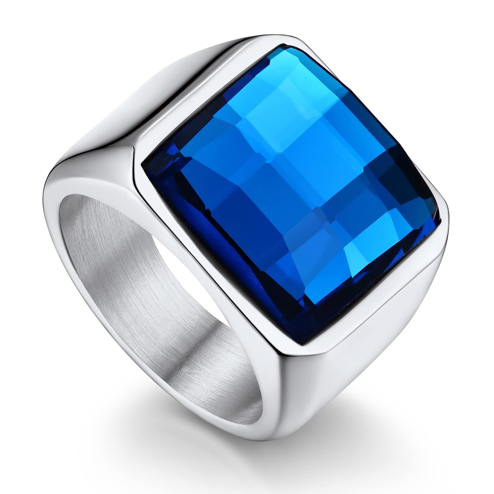 Bandmax Ring Herren Siegelring Edelstahl Bandring mit Blauem Zirkonia Stein 15MM - Herren Schmuck