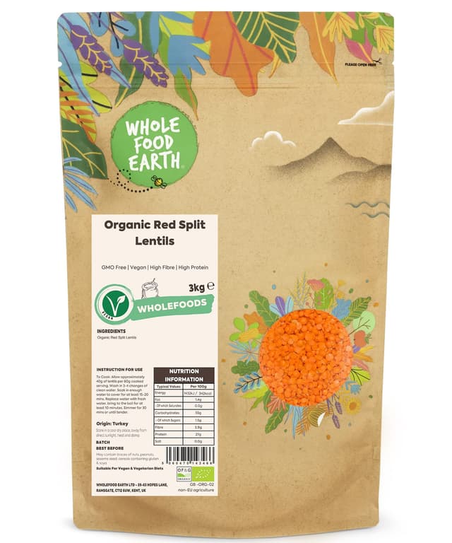 Wholefood Earth Bio-Rotgespaltene Linsen 3kg | GVO-frei | Vegan | 🌱 Ballaststoffreich | 🥦 Proteinreich | Zertifiziert biologisch