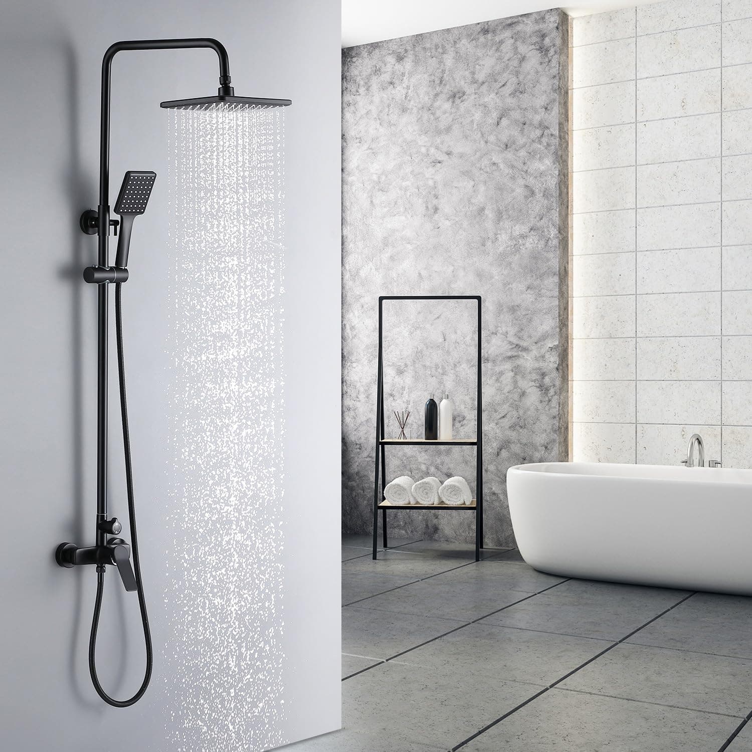 🚿 Auralum Duscharmatur Komplettset Schwarz - Höhenverstellbar 90-124cm