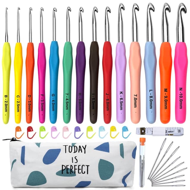 Häkelnadel Set 14 Stück 🧶 Bunte Ergonomische Soft Gummi Comfort Grip Häkeln Stricken Nadeln Kit Haushalt Werkzeug mit tragbaren Tasche - Angebot