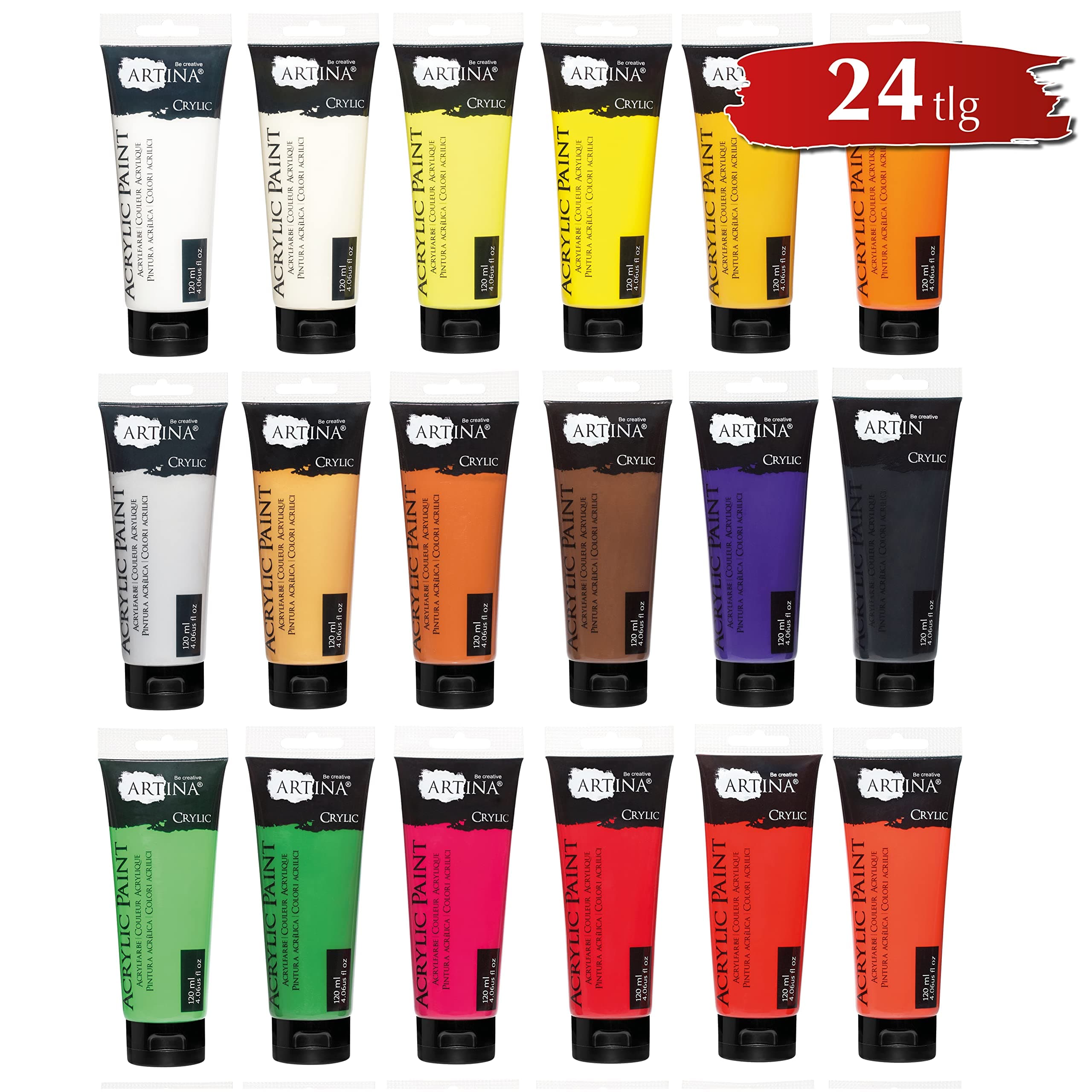 🎨 Artina 24er Acrylfarben Set 120ml Crylic – Schnelltrocknende Farbe zum Malen Deckende Malfarbe 24x120ml Acryl Künstlerfarben Set Grundfarben Tuben Wasserfest & Hohe Pigmentierung 116.67 ml (24er Pack) Mehrfarbig