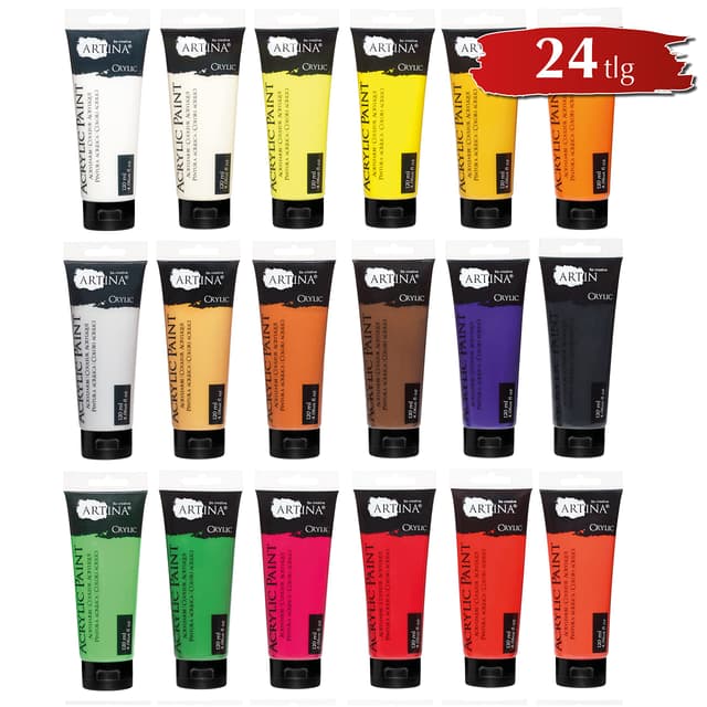 🎨 Artina 24er Acrylfarben Set 120ml Crylic – Schnelltrocknende Farbe zum Malen Deckende Malfarbe 24x120ml Acryl Künstlerfarben Set Grundfarben Tuben Wasserfest & Hohe Pigmentierung 116.67 ml (24er Pack) Mehrfarbig