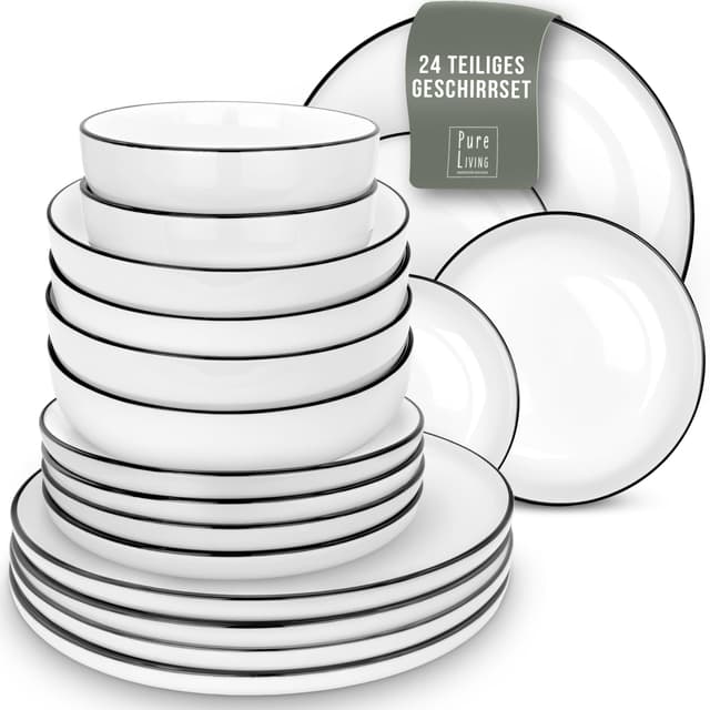 🍽️ Hochwertiges Geschirrset 6 Personen Scandi Style - Premium Porzellan weiß 24 Teile