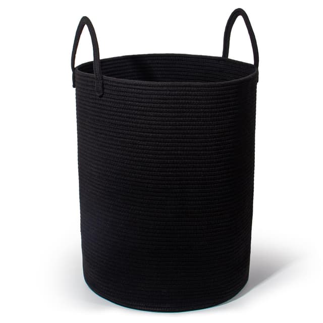 🌟 SYLANDO Wäschekorb mit Henkel, Spielzeug Aufbewahrung, Aufbewahrungsbox Geflochten, Wäschesammler Groß, Aufbewahrungskorb Kinderzimmer (Schwarz, D 38 x H 50 CM) Schwarz D 38 x H 50 CM 🌟