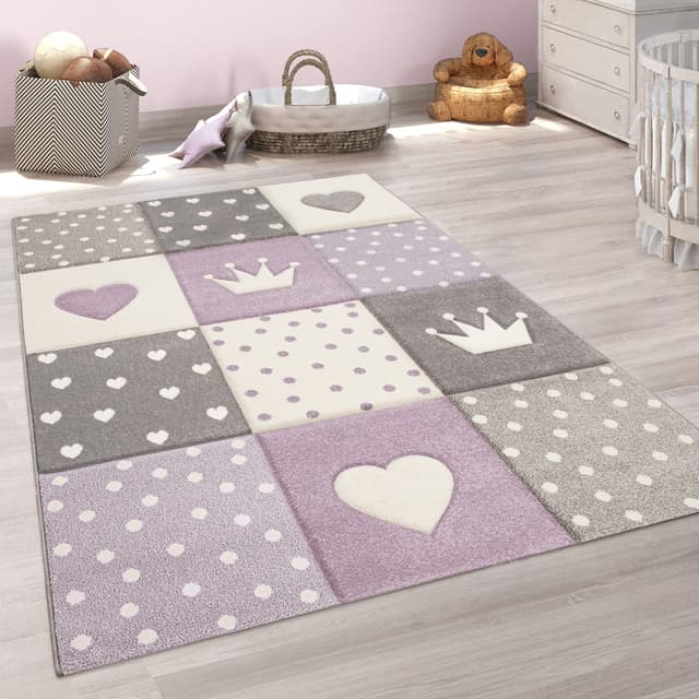 🌟 Paco Home Teppich Kinderzimmer 🌈 Junge Mädchen Kinderteppich Spielteppich Kurzflor 3D Optik Pastell Punkte Herzen Krone - Lila 80x150 cm