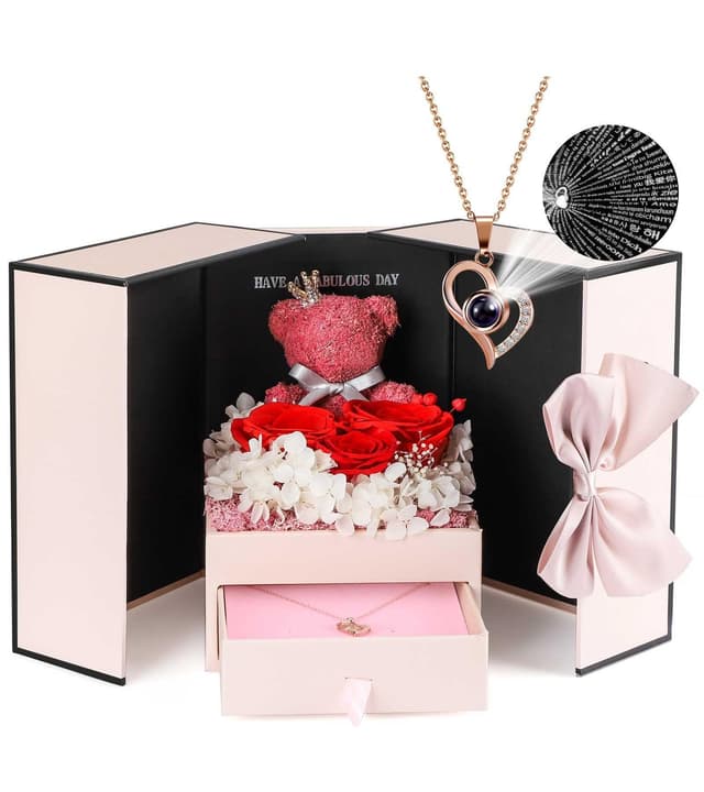 ADDWel Ewige Echte Rose mit Kette ' Dich ich Liebe' 100 Sprachen Gravur