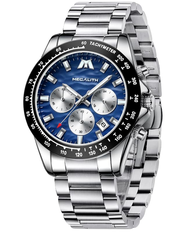 MEGALITH Herren Armbanduhr ⌚️ Chronograph Analog Edelstahl Silber Männer Uhr 🎁 Blau