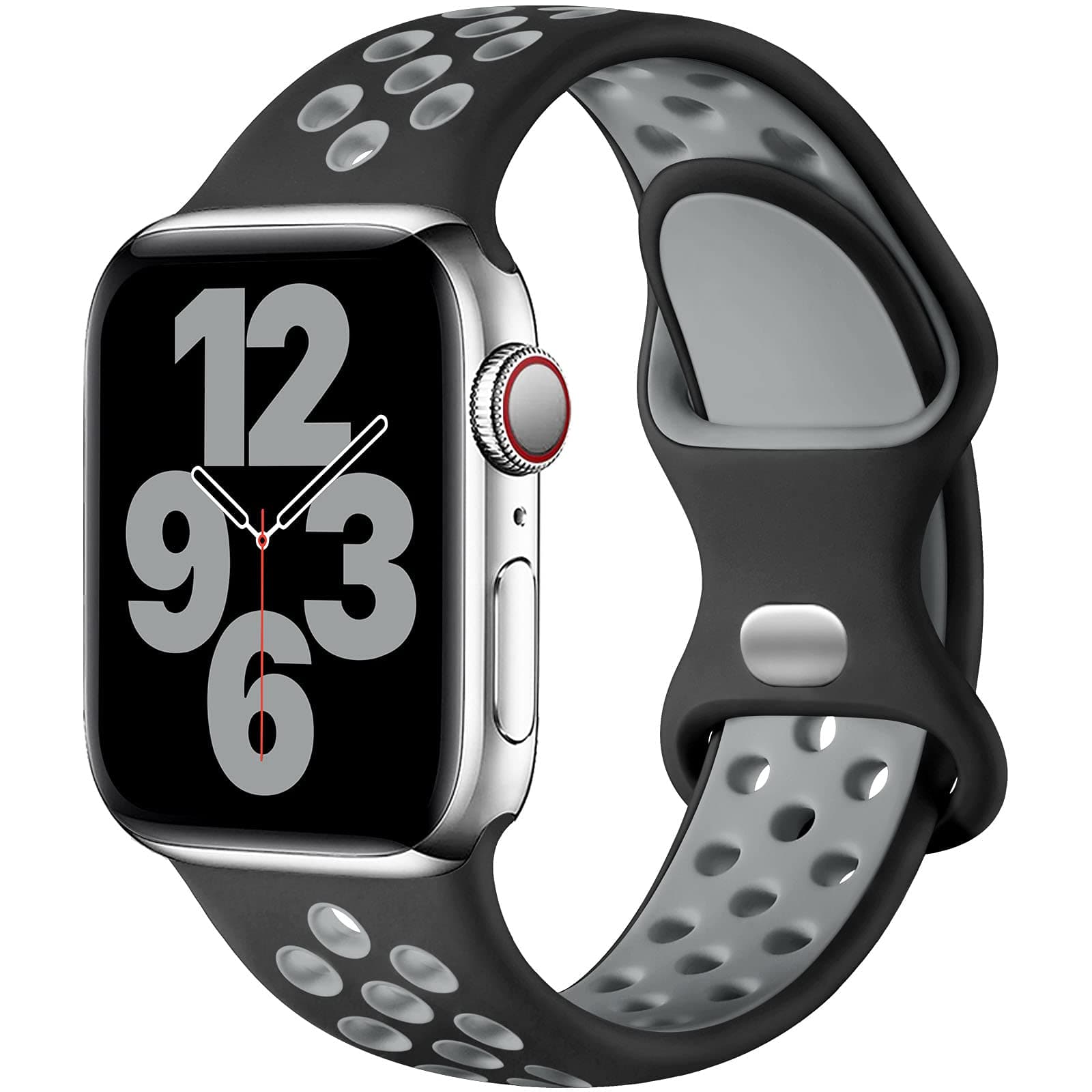 Upeak Sport Armband für Apple Watch 44mm 45mm 49mm 46mm 42mm 40mm 41mm 38mm, Atmungsaktiv Silikon Doppelloch Band für iWatch Ultra SE Series 10 9 8 7 6 5 4 3 2, S, Schwarz/Grau