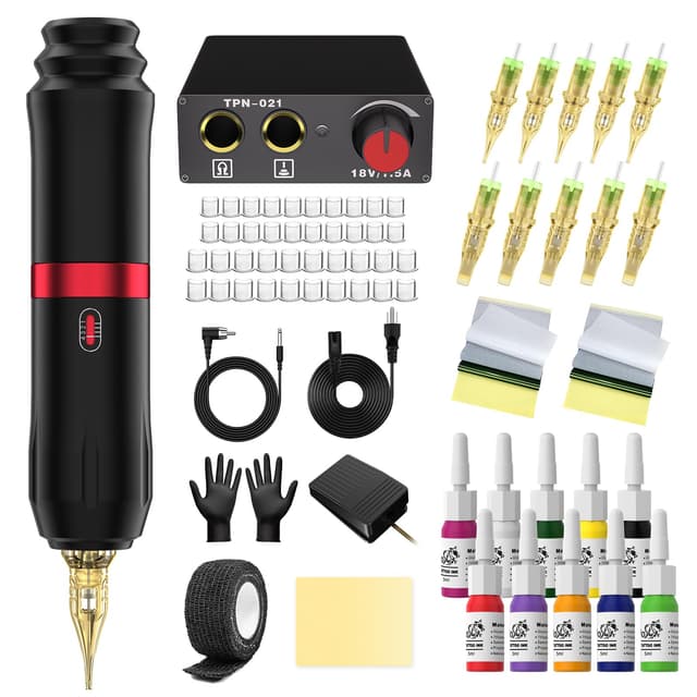 🖋️🎨 Tattoo Anfänger Set - Komplettes Tattoo Pen Kit mit Netzteil, 10 Farbtinten & Nadeln 🖤