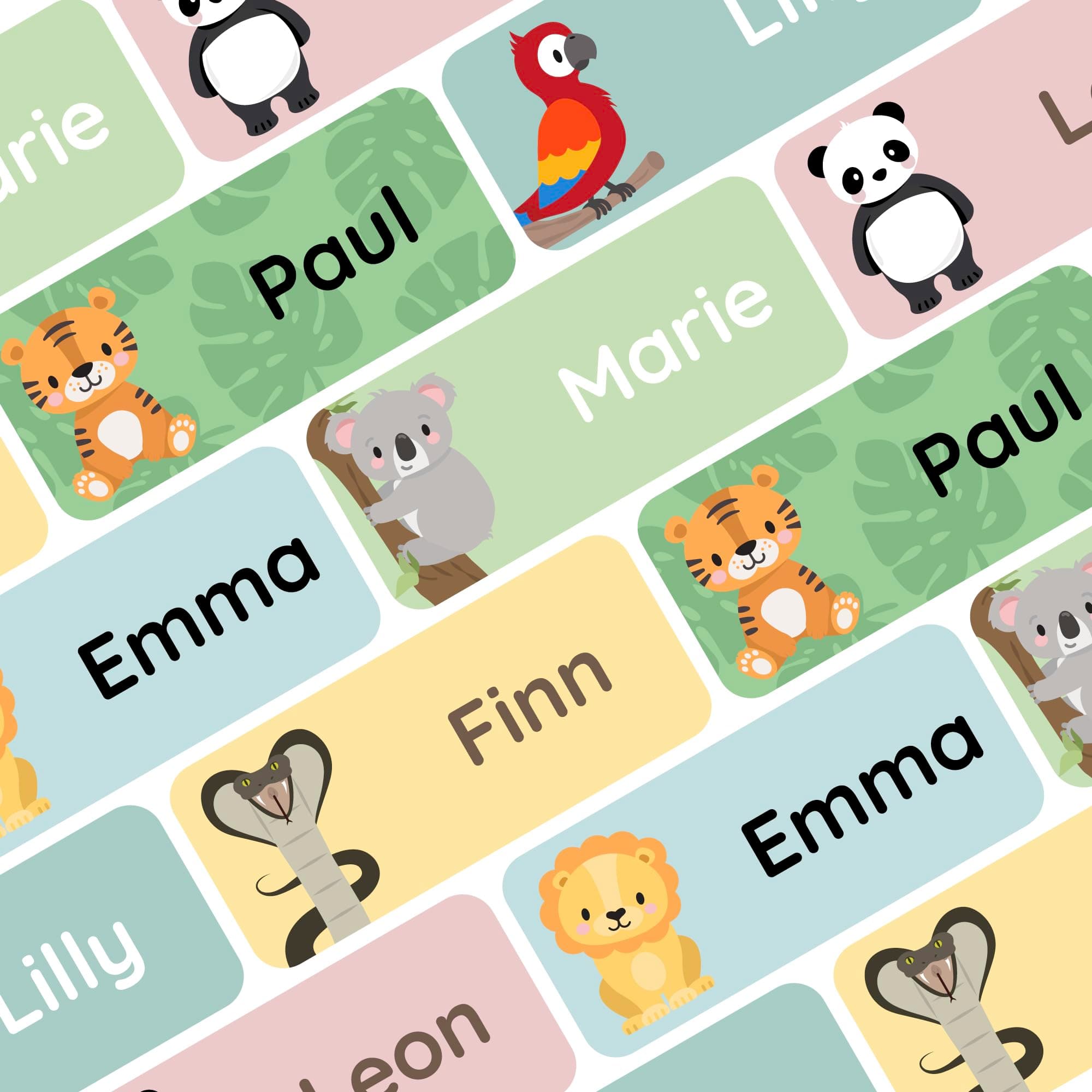 Klebekerlchen® Namensaufkleber für Kinder (60 Stück) - Dschungel-Tiere 🦁🐒🐍