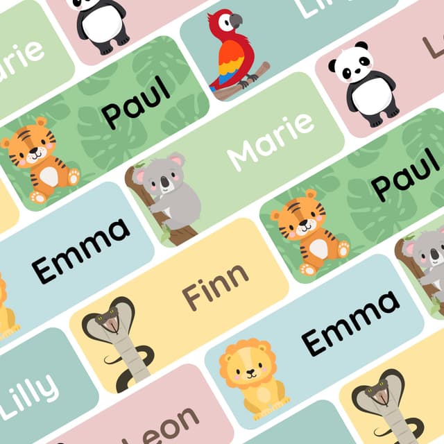 Klebekerlchen® Namensaufkleber für Kinder (60 Stück) - Dschungel-Tiere 🦁🐒🐍